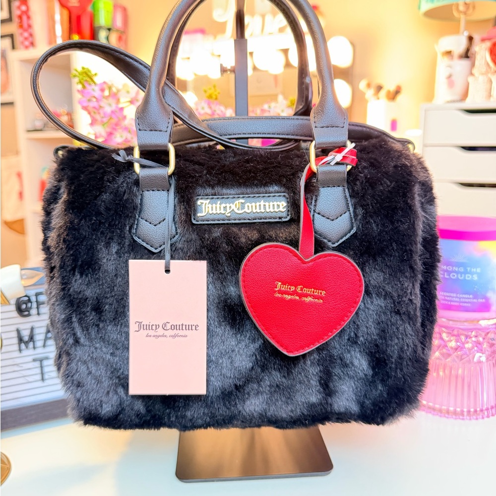 Juicy Couture Black Faux Fur Satchel with Red Heart Charm 🖤❤️